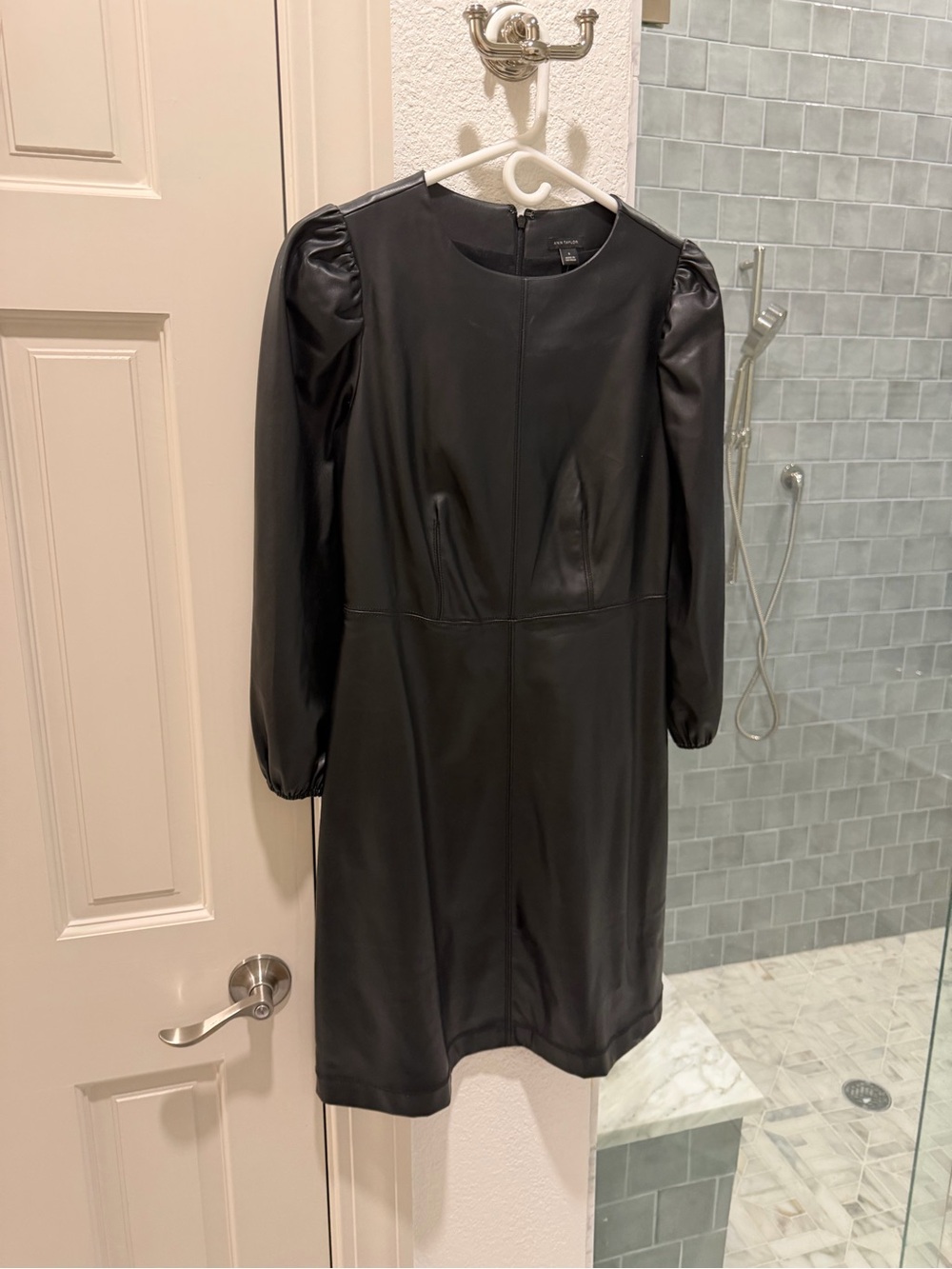 Ann Taylor Black Faux Leather Puff-Sleeve Long Sleeve Dress